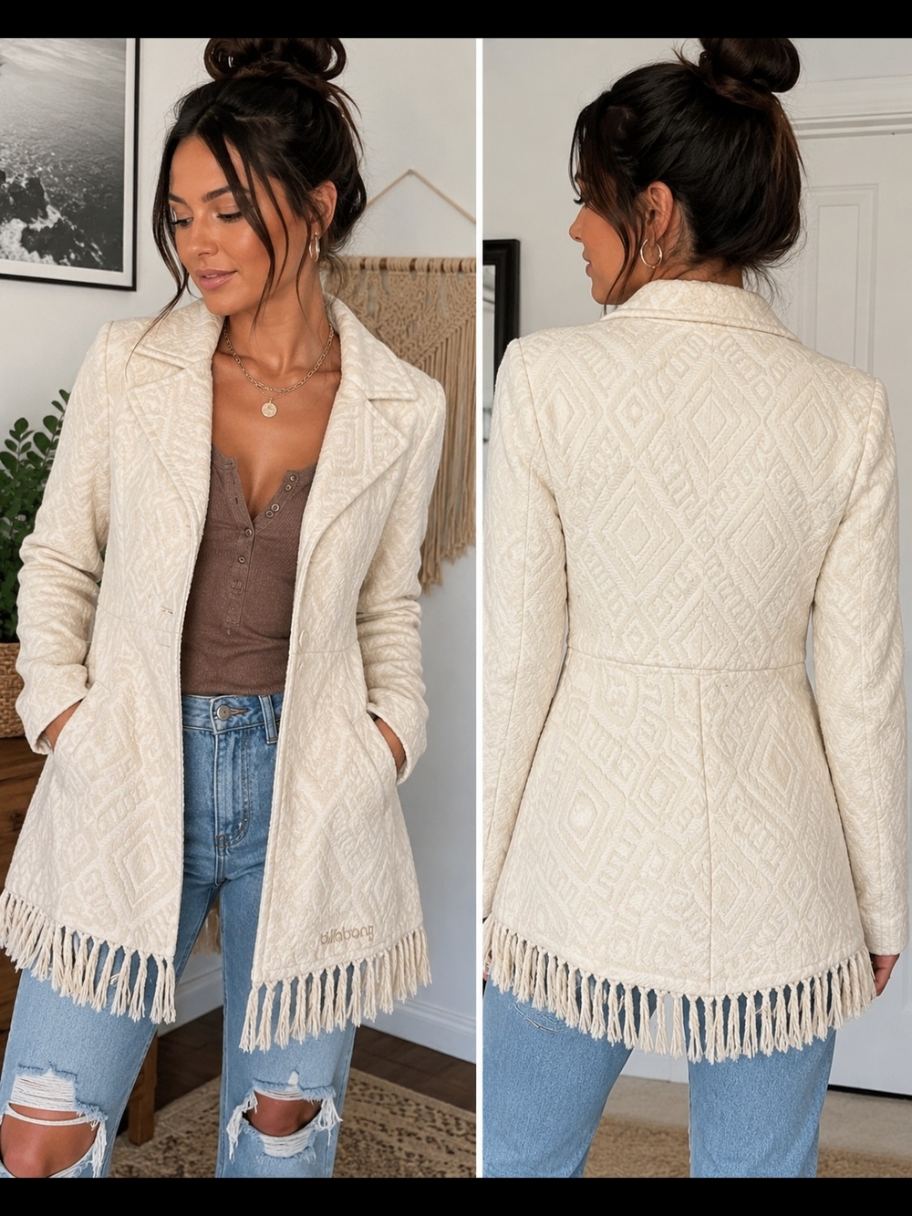 Billabong Womens S Cream Jacquard Geometric Jacket Boho Wool Blend